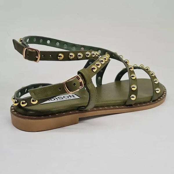 Madison Minnie Studded Strappy Flat Sandal - Olive