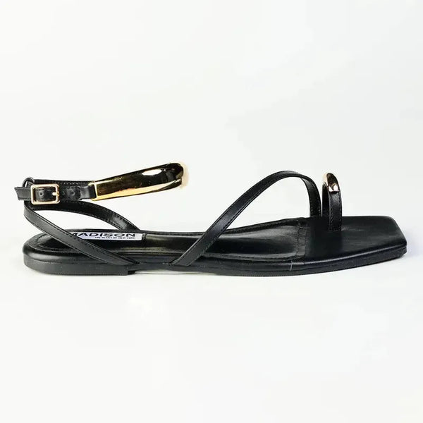 Madison Mirin Toe Loop Ankle Tie Flat Sandal - Black