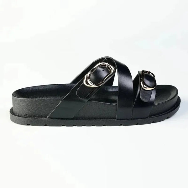 Madison Misty Double Buckle Cross Over Footbed Sandal - Black