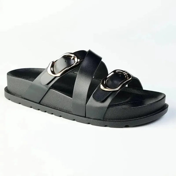 Madison Misty Double Buckle Cross Over Footbed Sandal - Black