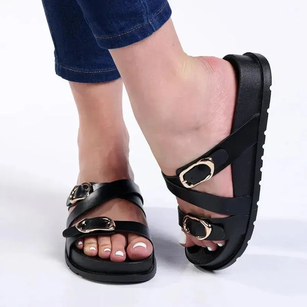 Madison Misty Double Buckle Cross Over Footbed Sandal - Black