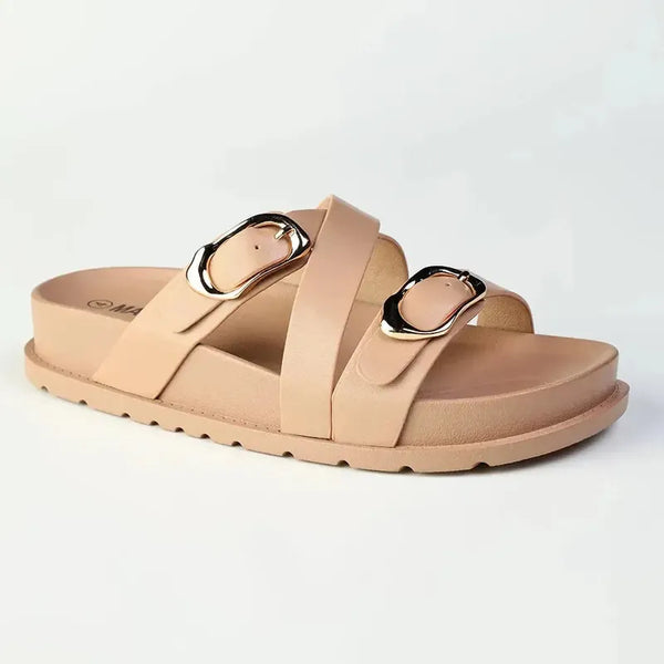 Madison Misty Double Buckle Cross Over Footbed Sandal - Dark Nude
