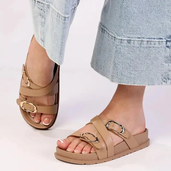 Madison Misty Double Buckle Cross Over Footbed Sandal - Dark Nude