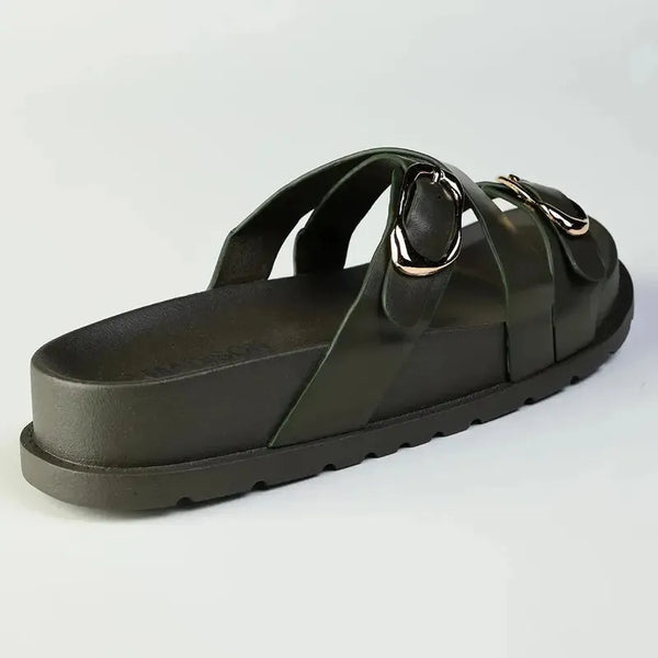 Madison Misty Double Buckle Cross Over Footbed Sandal - Olive