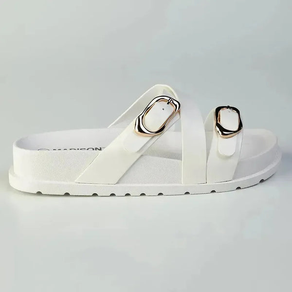 Madison Misty Double Buckle Cross Over Footbed Sandal - White