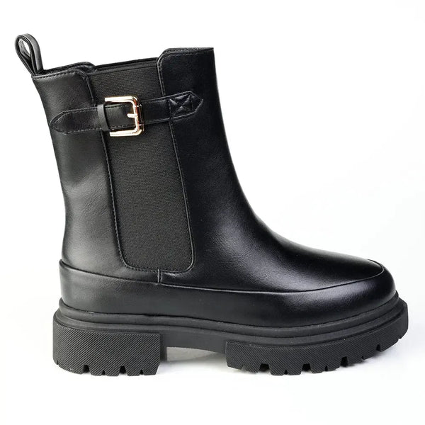 Madison Olva Ankle Boot With Buckle Strap - Black