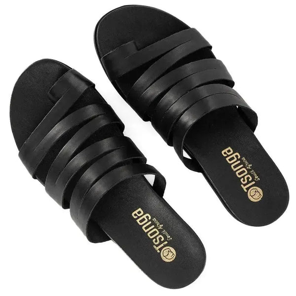 Tsonga Abuye Leather Push In Strappy Sandals - Black