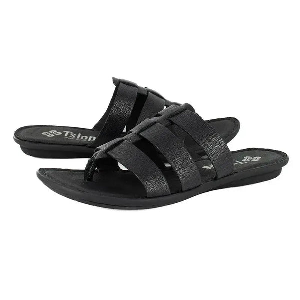 Tsonga Maroua 3 Strap Leather Push In Sandal - Black