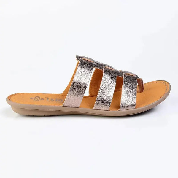 Tsonga Maroua 3 Strap Leather Push In Sandal - Sabia Metallic