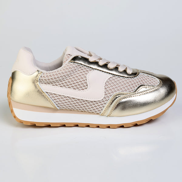 Madison Jullian Lace Up Sneaker With Side Panel - Gold/Beige