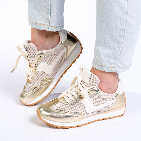 Madison Jullian Lace Up Sneaker With Side Panel - Gold/Beige