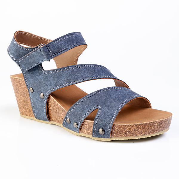 Alessio Ladies Cork Velcro Strap Wedge Sandal - Blue