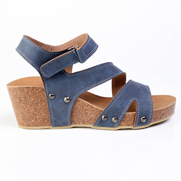 Alessio Ladies Cork Velcro Strap Wedge Sandal - Blue