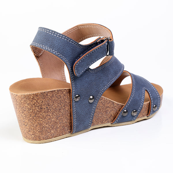 Alessio Ladies Cork Velcro Strap Wedge Sandal - Blue