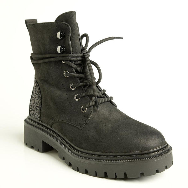 Alessio Kate Chunky Military Boot - Black Glitter-Alessio-Buy shoes online