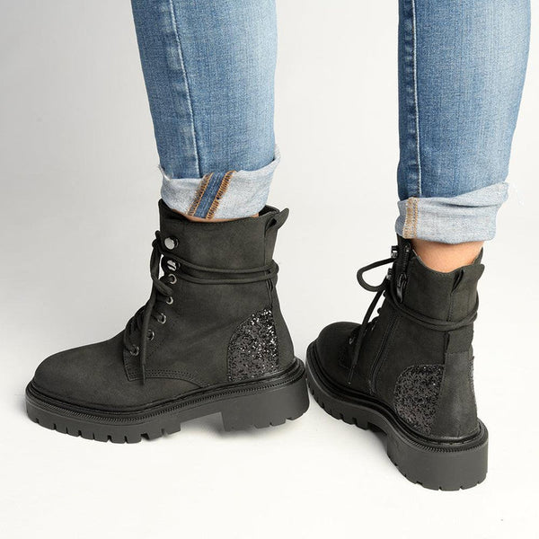 Alessio Kate Chunky Military Boot - Black Glitter-Alessio-Buy shoes online