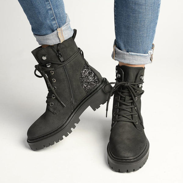 Alessio Kate Chunky Military Boot - Black Glitter-Alessio-Buy shoes online