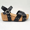 Alessio Ladies Cork Wedge Strips Sandal - Black