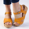 Alessio Ladies Cork Wedge Strips Sandal - Yellow