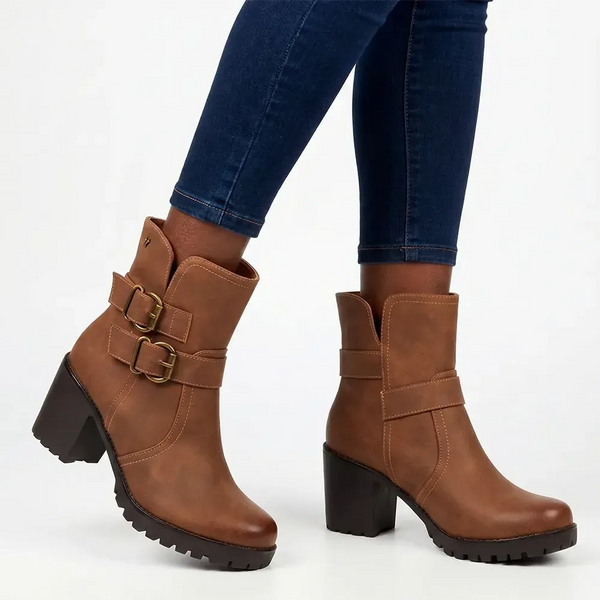 Butterfly Feet Ester 8 Twin Buckle Block Heel - Chocolate