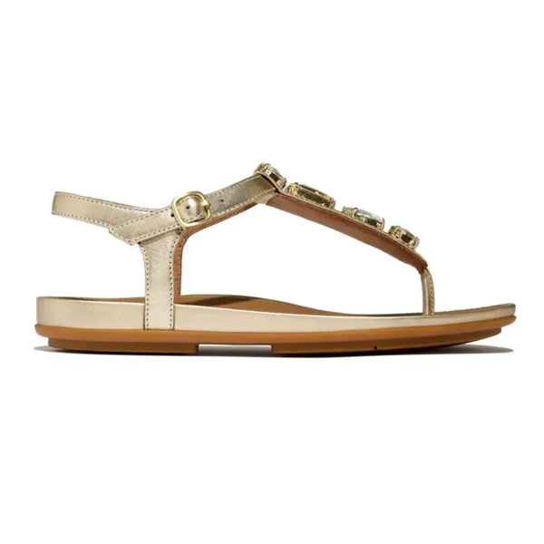 Fit Flop Gracie Ultra Jewel Leather T-Bar Sandals - Platino