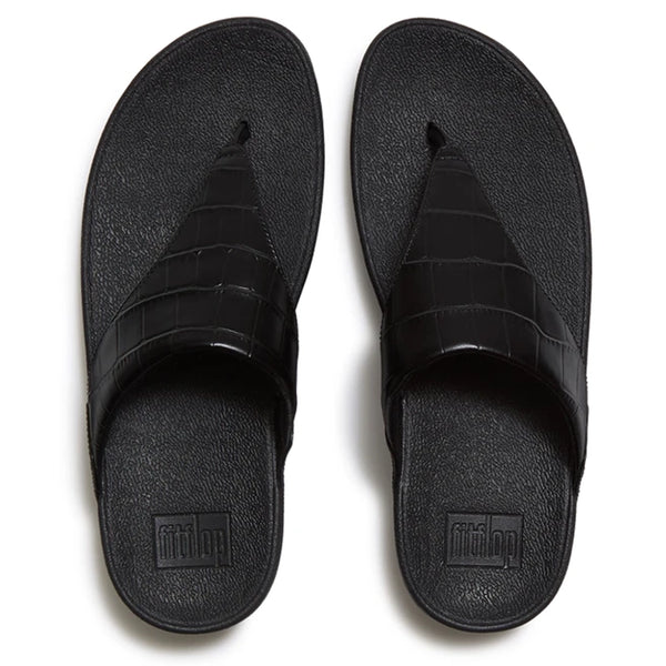 Fit Flop Lulu Toe Post Crocodile Leather Sandal - All Black