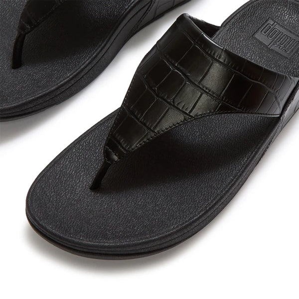 Fit Flop Lulu Toe Post Crocodile Leather Sandal - All Black