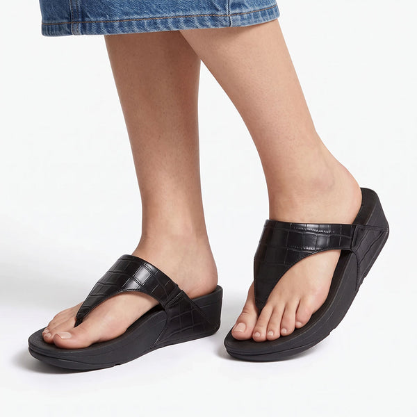 Fit Flop Lulu Toe Post Crocodile Leather Sandal - All Black