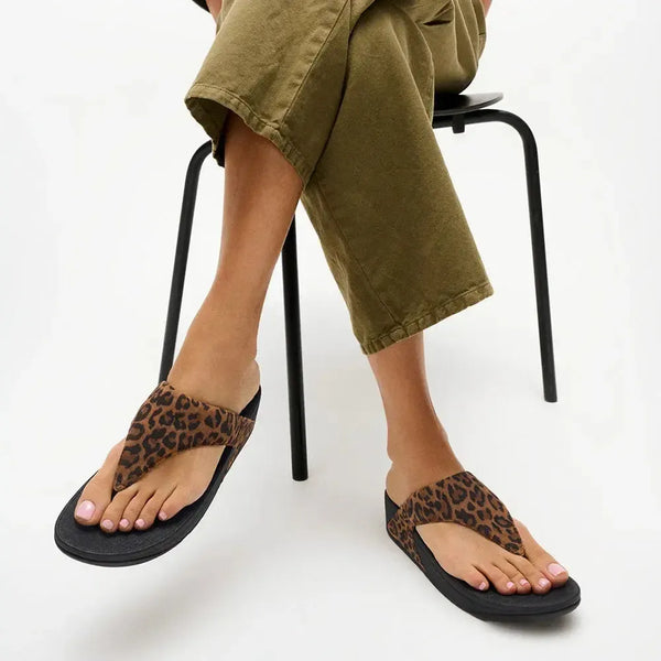 Fit Flop Lulu Toe Post Leopard Suede Sandal - Tan/Black Mix