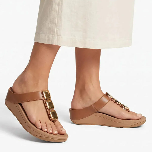 Fit Flop Lulu Toe Post Sleek Resin Trim Leather Sandal - Terracotta Tan