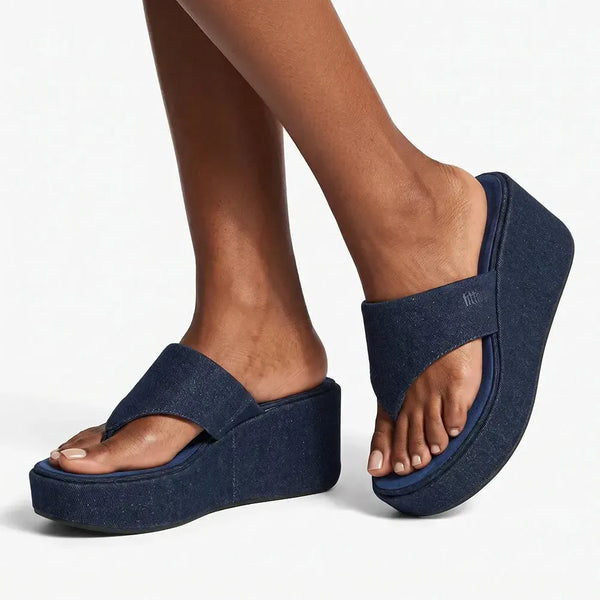 Fit Flop Platform Textile Denim Wedge Sandal - Dark Denim