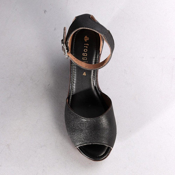 Froggie Merisa Leather Peep Toe Wedge - Black-Froggie-Buy shoes online