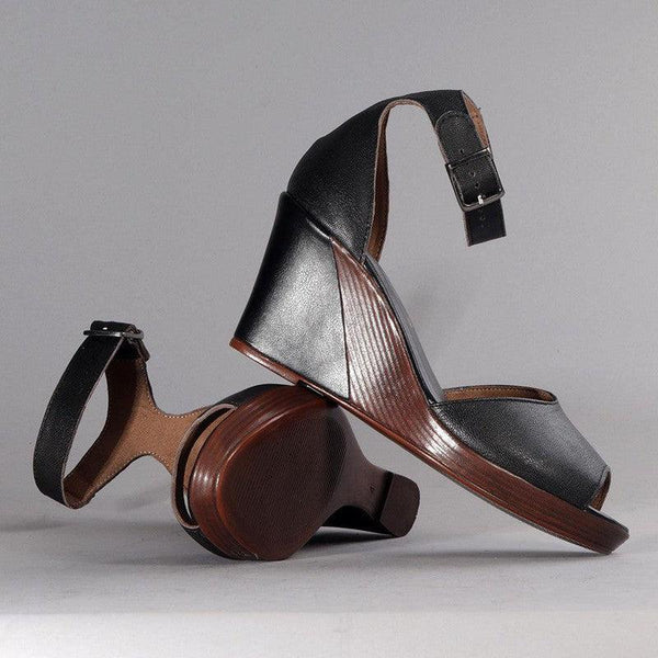 Froggie Merisa Leather Peep Toe Wedge - Black-Froggie-Buy shoes online