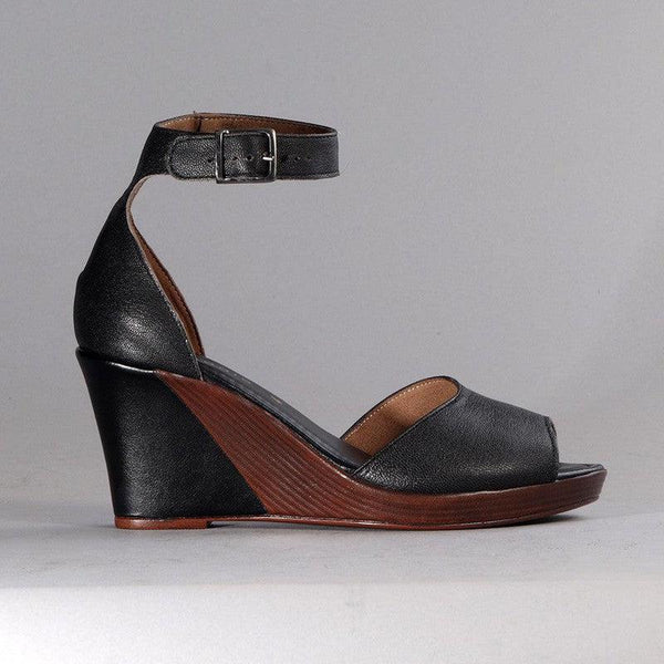 Froggie Merisa Leather Peep Toe Wedge - Black-Froggie-Buy shoes online