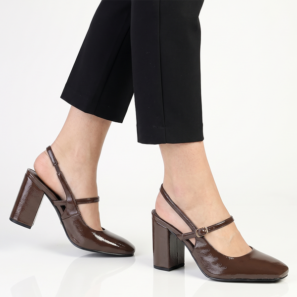 Madison Qia Almond Toe Slingback Block Heel - Chocolate