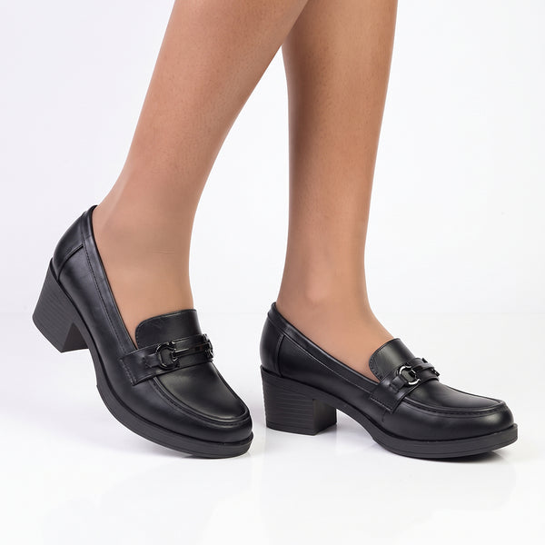 Franco Rossi Saddle Detail Block Heel Loafers - Black