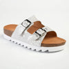 Julz Hudson Leather Double Buckle Footbed Sandal- Silver Snake
