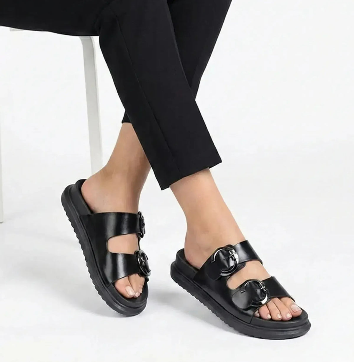 Madison 2 Buckle Sandal - Black | Shoe Box Online Store