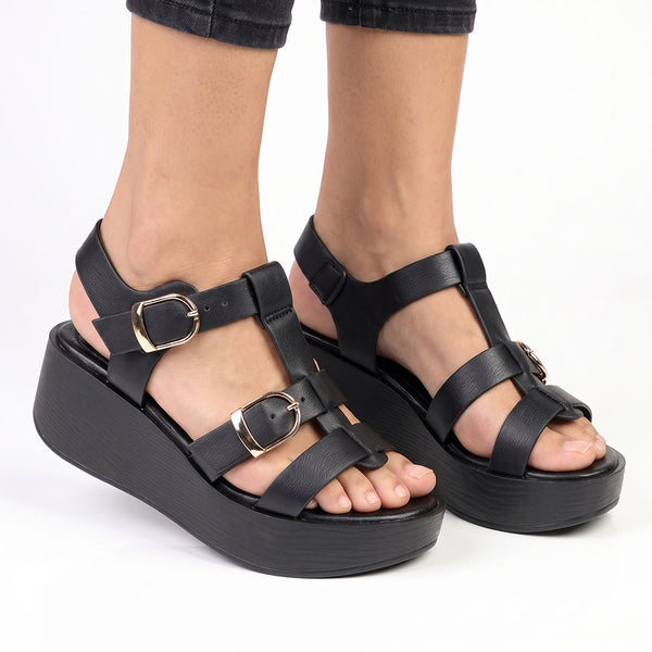 Madison Double Buckle Wedge Gladiator - Black