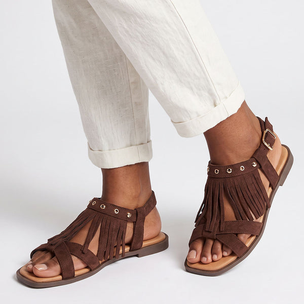 Madison Fringe Flat Sandals - Chocolate