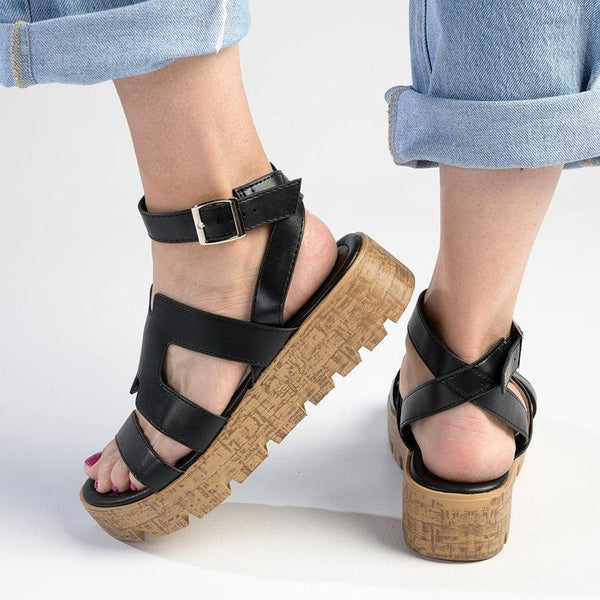 Madison Jeanmarie H Bar Cork Wedge - Black-Madison Heart of New York-Buy shoes online