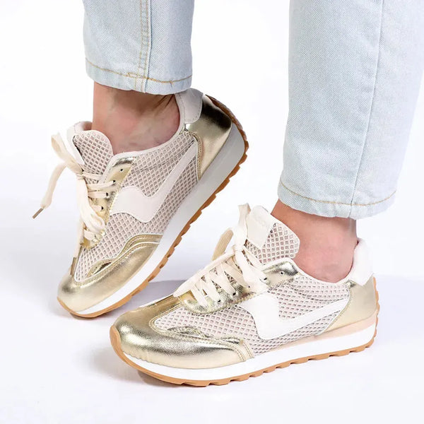 Madison Jullian Lace Up Sneaker With Side Panel - Gold/Beige