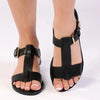Madison Mika T-Bar Ankle Tie Flat Sandal With Square Buckle - Black