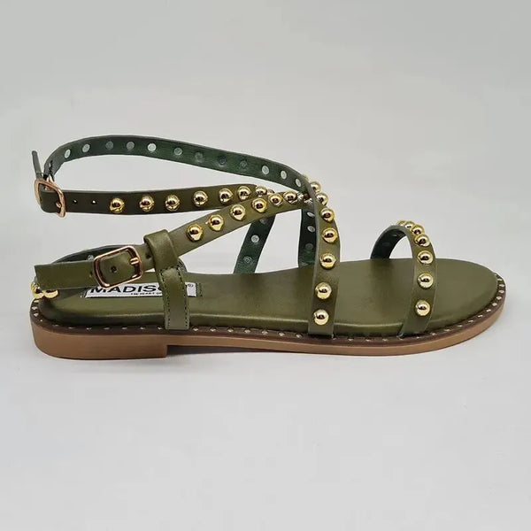 Madison Minnie Studded Strappy Flat Sandal - Olive