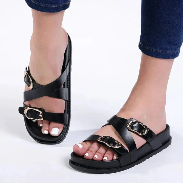 Madison Misty Double Buckle Cross Over Footbed Sandal - Black