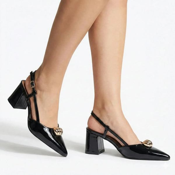 Madison Odyssey Block Heel Slingback With Gold Trim - Black