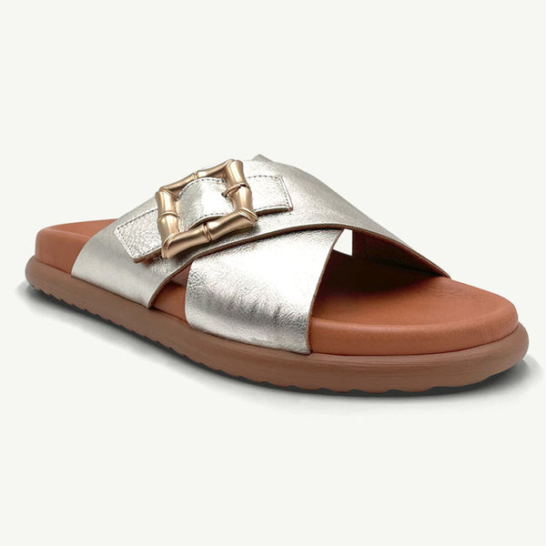 Julz August Leather Cross Over Buckle Sandal - Champagne