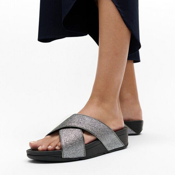 Fit Flop Lulu Glitterdust Cross Slides Sandal - Pewter