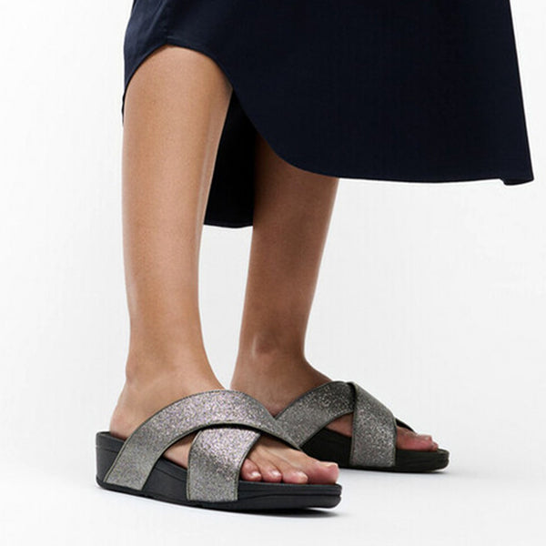Fit Flop Lulu Glitterdust Cross Slides Sandal - Pewter
