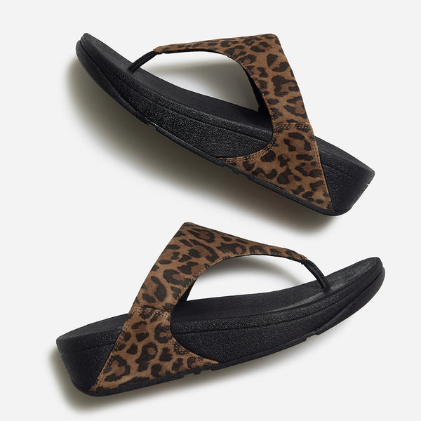 Fit Flop Lulu Toe Post Leopard Suede Sandal - Tan/Black Mix